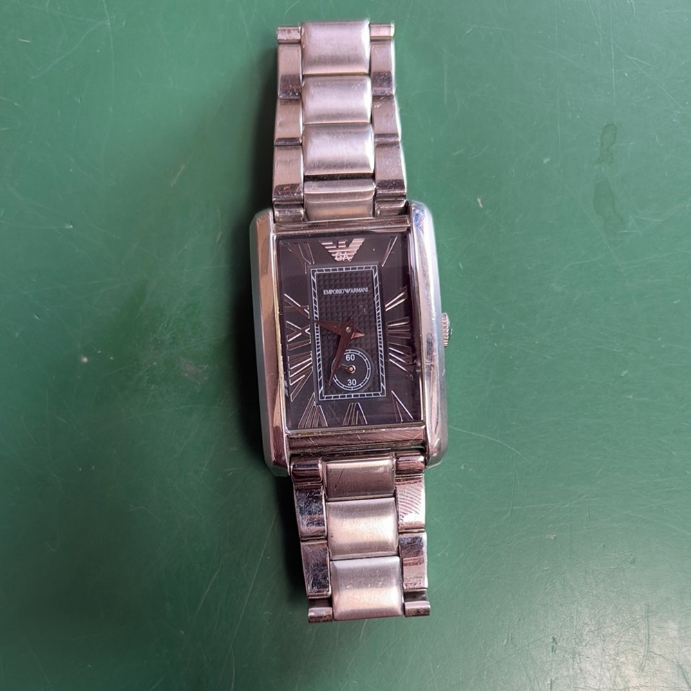 Emporio Armani Rectangular Silver and Black Timepiece